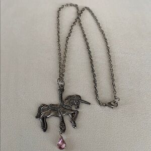 Carousel Unicorn Silver Tone Pendant Necklace with Pink Tear Drop Gemstone